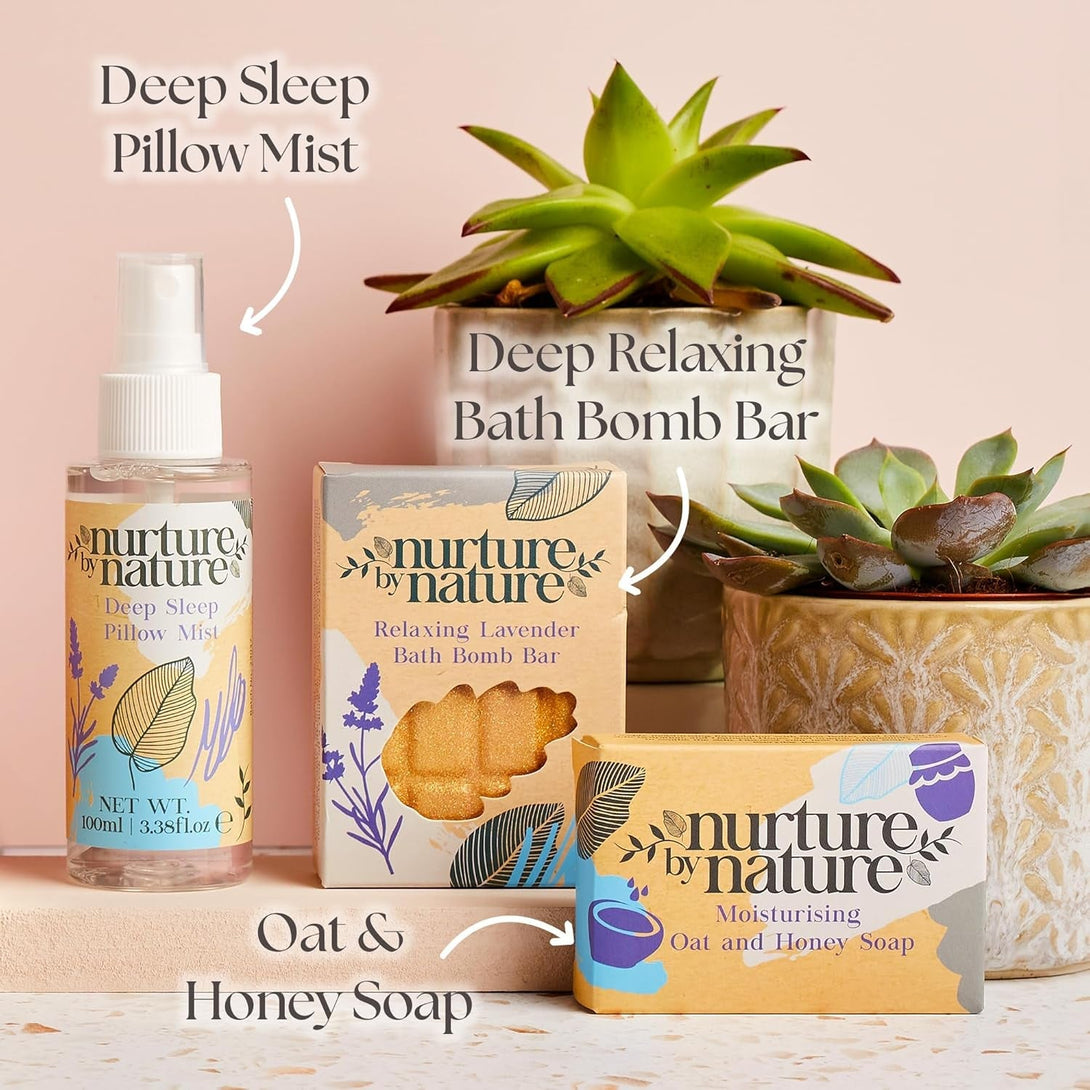 Nurture by Nature RELAX & CALM Spa Kit - Mothers Day Gifts - Spa Gift Baskets for Women, Complete Bath Sets for Women Gift - Lavender Pillow Mist, Bath Salts, Bath Bomb - Self Care Gift Basket