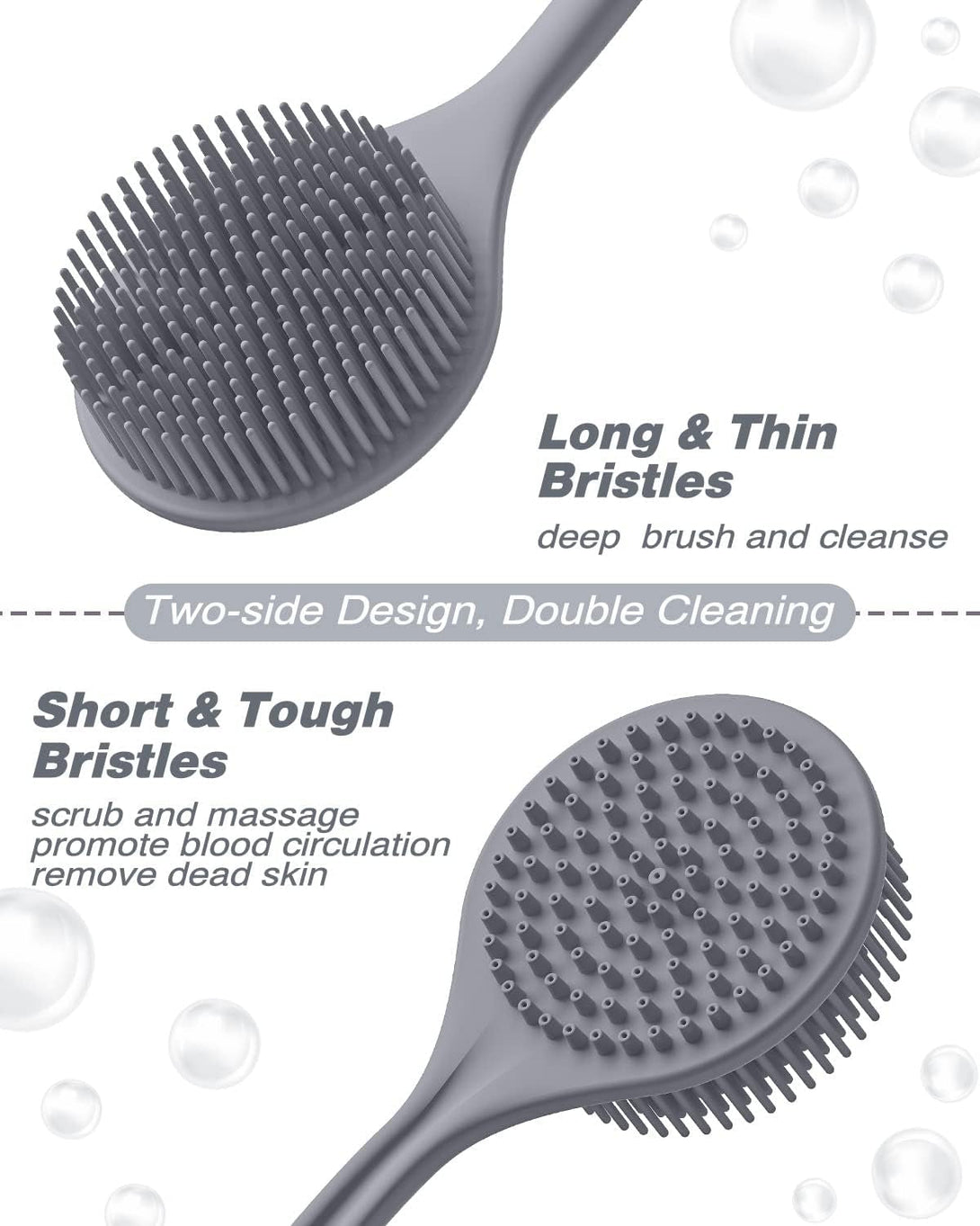 Manmihealth Silicone Back Scrubber (Thin Bristles) & Bath Glove & Face Brush Set(3Pcs), Super-Exfoliating & Lathering Body Scrubber, Shower Brush, Face Scrubber Combination, with a Free Hook.(Gray)