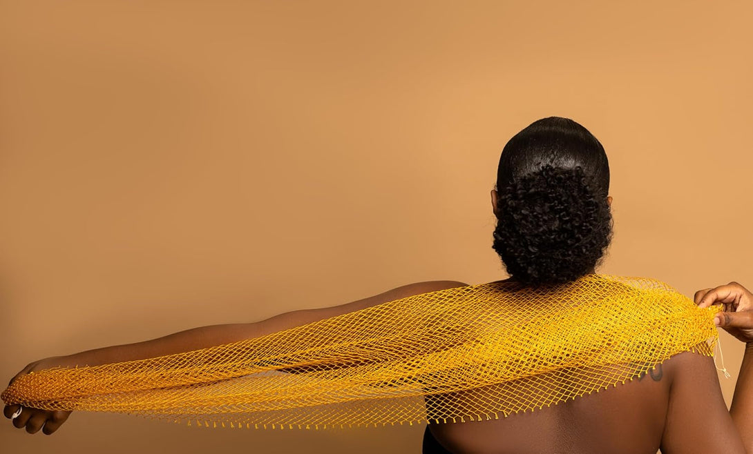 African Exfoliating Net Sponge, Authentic, Ethically Sourced from Nigeria, 45 Inches Long, Back Scrubber for Daily Use (Yellow)