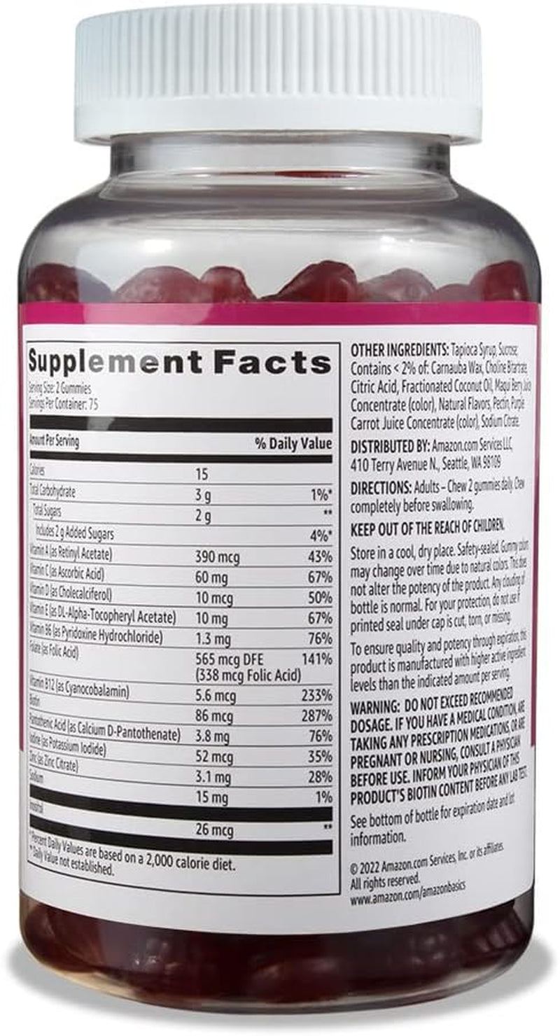 Amazon Basics Adult Multivitamin Gummies, Mixed Berry & Cherry, 150 Gummies, 75-Day Supply, Pack of 1 (Previously Solimo)