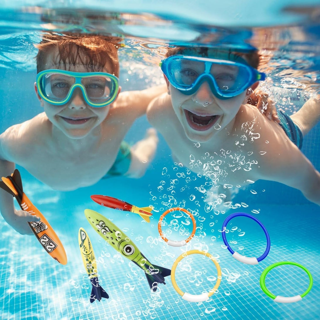 8 Packs Pool Toys, Pool Toys for Kids Ages 4-6-8-10-12, Shark Underwater Training Pool Diving Rings Swimming Pool Toys with Dive Rings Torpedo for Kids Gifts Toddler Summer Swim Water Fun Pool Games