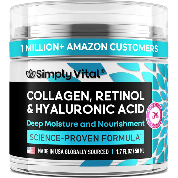 Simplyvital Collagen, Retinol & Hyaluronic Acid Cream - Anti-Aging Face Moisturizer for Face, Firming Skin Care Neck & Décolleté - Made in USA, Daily Moisturizer Face Cream Day & Night - 1.7 Fl.Oz.