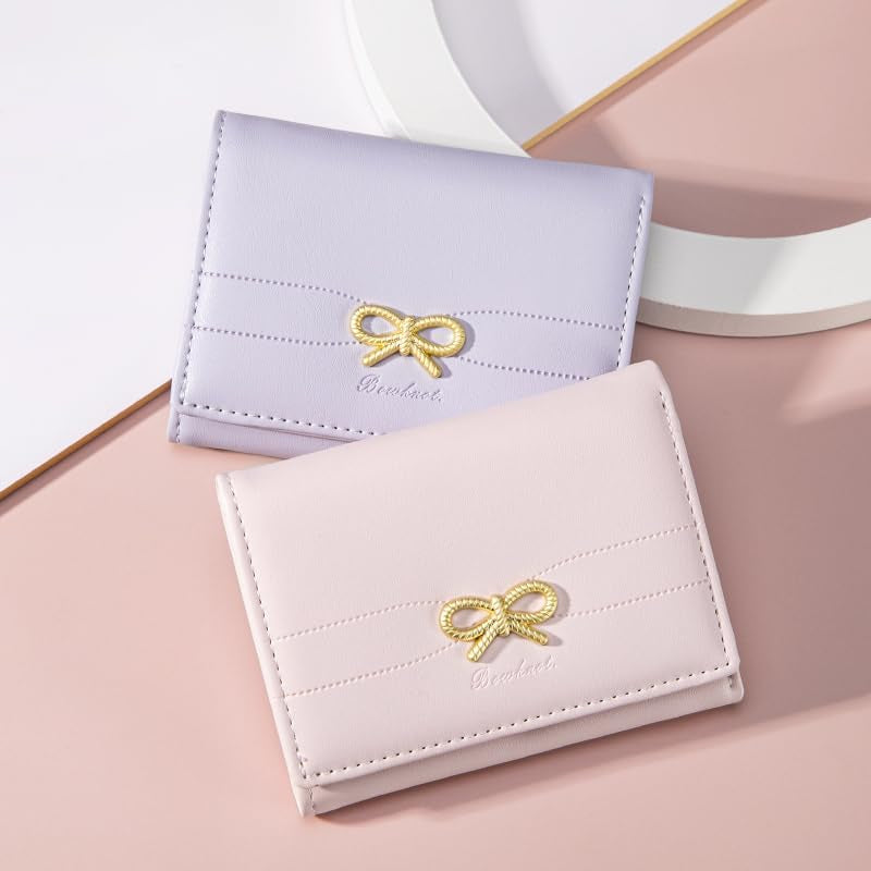Cute Wallet Coquette Bow Small Wallet Tri-Folded Aesthetic Bifold RFID Blocking Card Holder Leather Mini Short Coin Purse with ID Window for Women Girls Ladies -Pink
