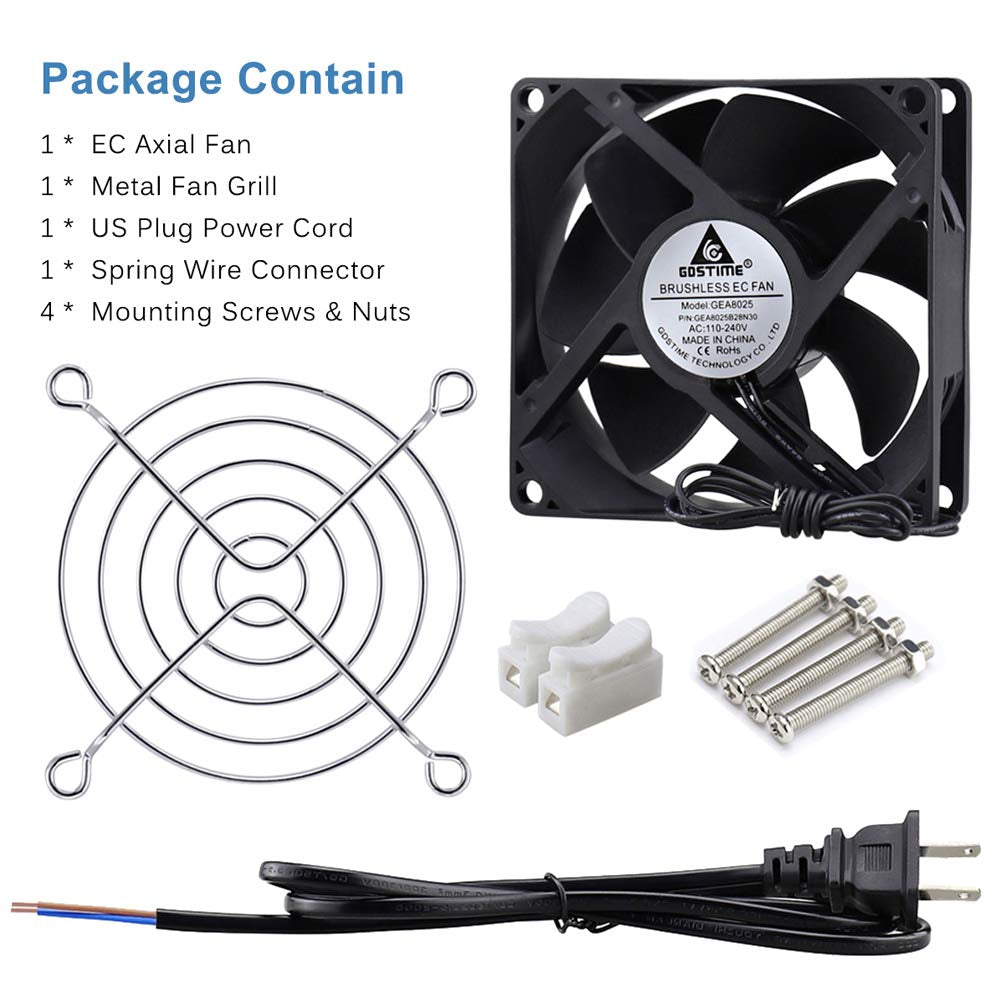GDSTIME EC AXIAL 8025, Muffin Fan 110V 115V 120V 220V 240V AC 80Mm X 25Mm Small Brushless Cooling Fan with Switch Power Cord for DIY Ventilation Exhaust Projects