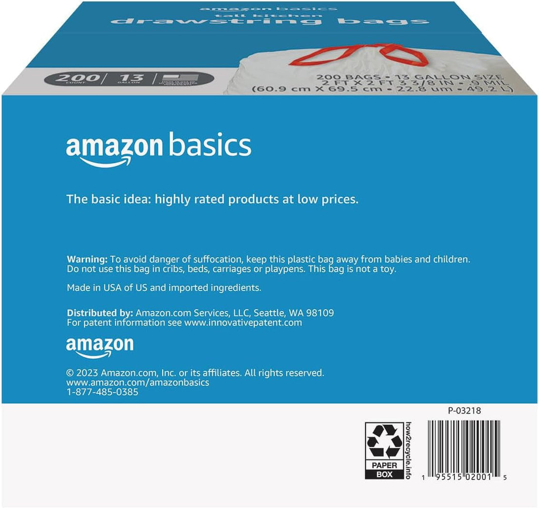 Amazon Basics Trash Bags, Tall Kitchen Drawstring, Unscented, 13 Gallon, 200 Count, Pack of 1