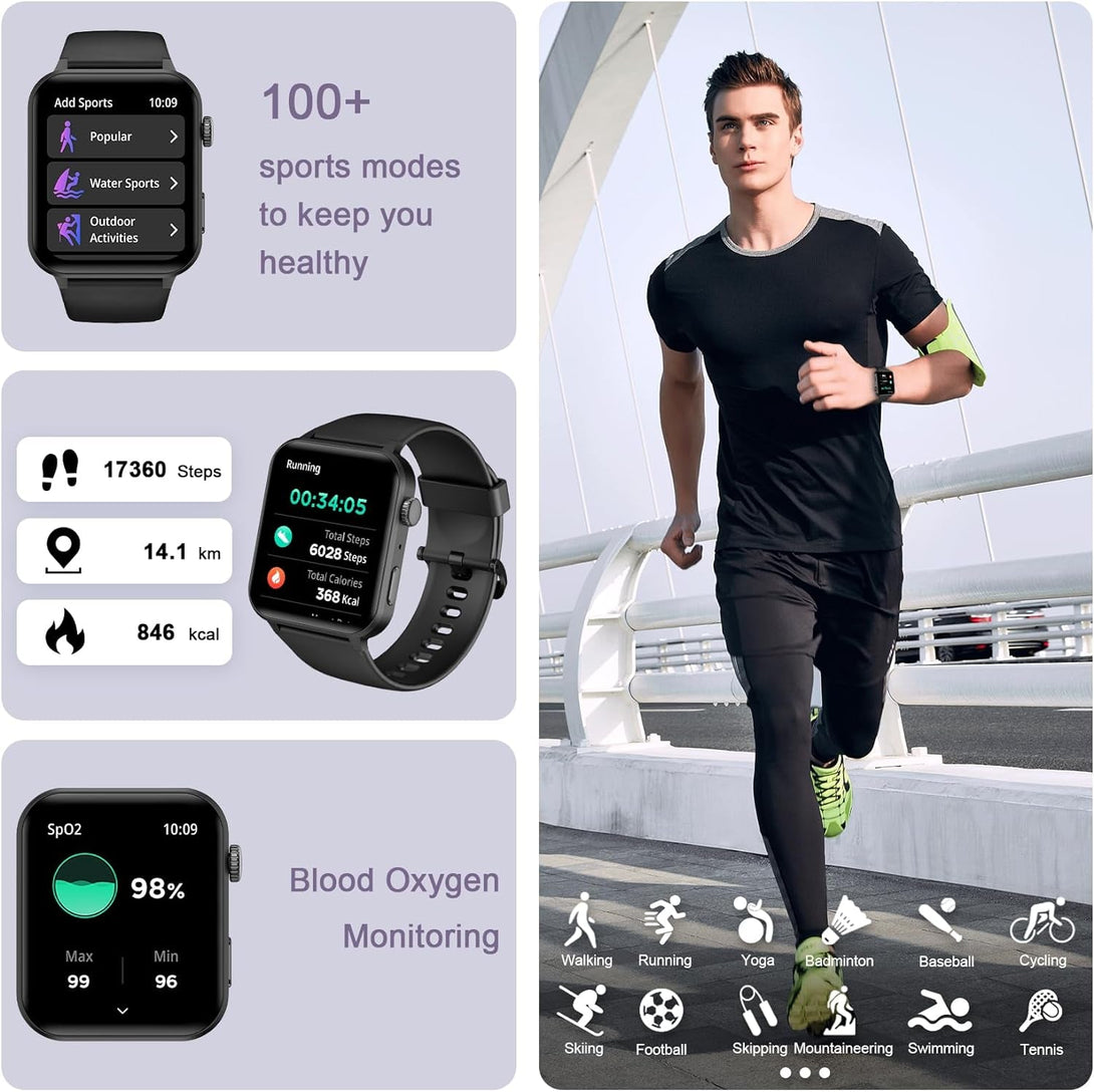 IOWODO Smart Watch for Men Women - 1.85''HD Screen with Make and Answer Calls, with AI Voice Assistant, Spo2/Heart Rate/Sleep Monitor, 100+ Sports Modes, Smartwatch for Android and Ios (2 Straps)