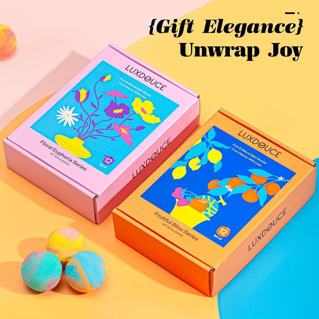 Bath Bombs Gift Set – 24 Pack Bubble Bombs with 12 Unique Scents, Floral Euphoria & Fruitful Bliss Collections, Skin-Soothing & Mood-Enhancing, Birthday Gift for Mom, Wife, Women, Summer Relaxation