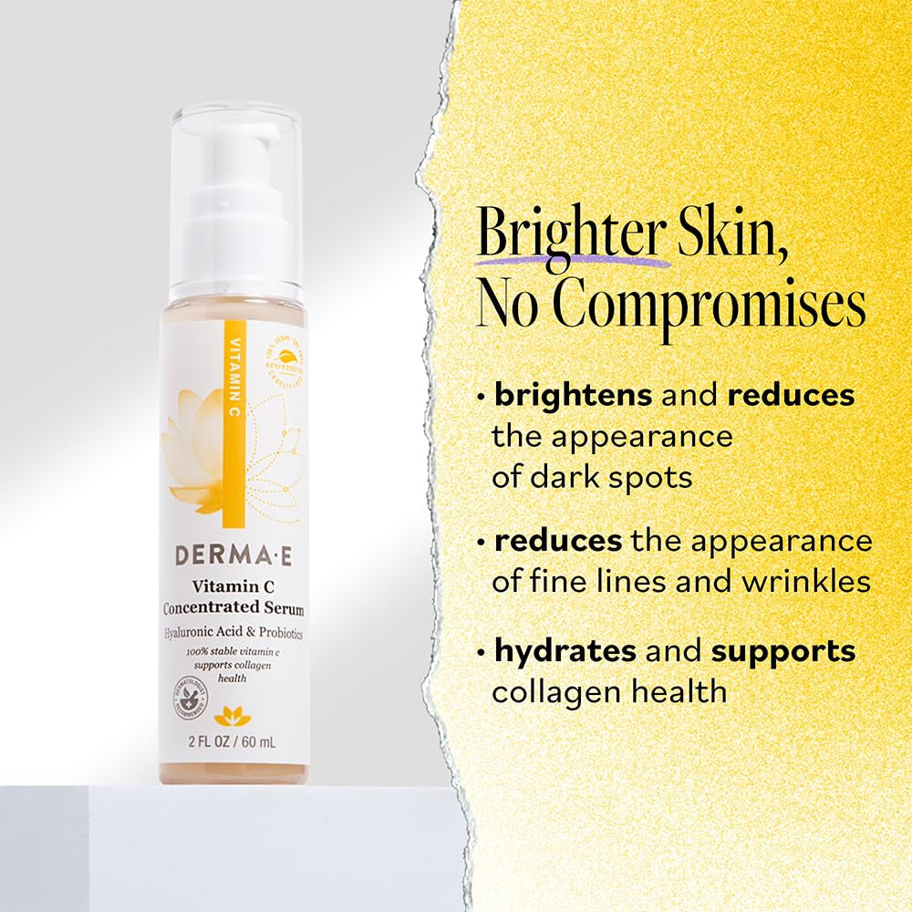 DERMA E Vitamin C Concentrated Serum with Hyaluronic Acid, Vitamin E & Aloe, All Natural, Antioxidant-Rich Concentrated Facial Serum – Firming and Brightening Vitamin C Face Serum, 2Oz