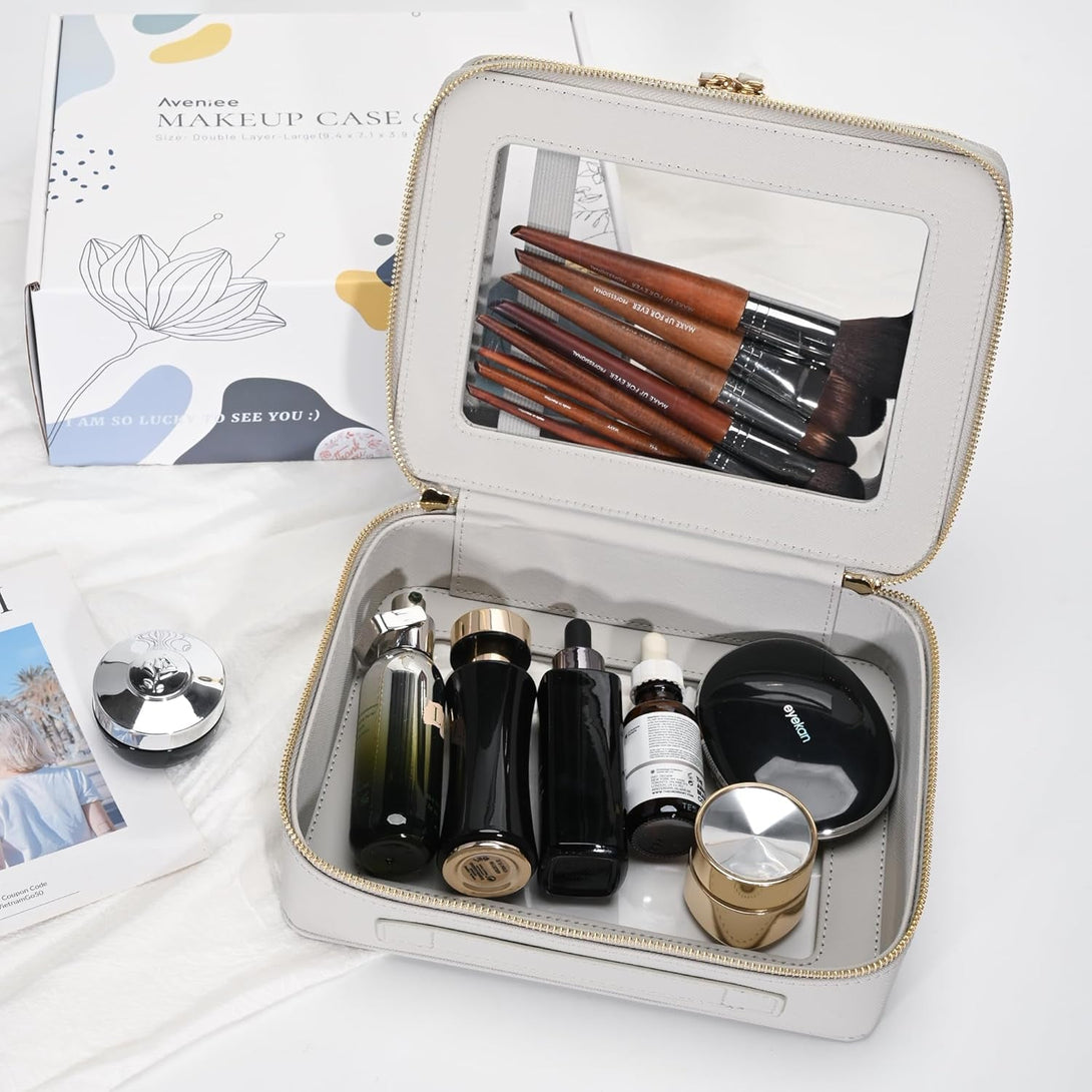 Aveniee Clear Makeup Bags, Double Layer Cosmetic Bags with a Separate Brush Compartment, Large Travel Toiletry Bag Skincare Train Case for Women, Travel Accessories Organizer(2 Layers Large, Grey)