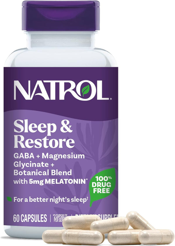 Natrol Sleep & Restore Capsules - Calm Magnesium Glycinate, Magnesium Sleep Aid with GABA, Melatonin 5Mg, Botanical Blend, 30 Day Supply