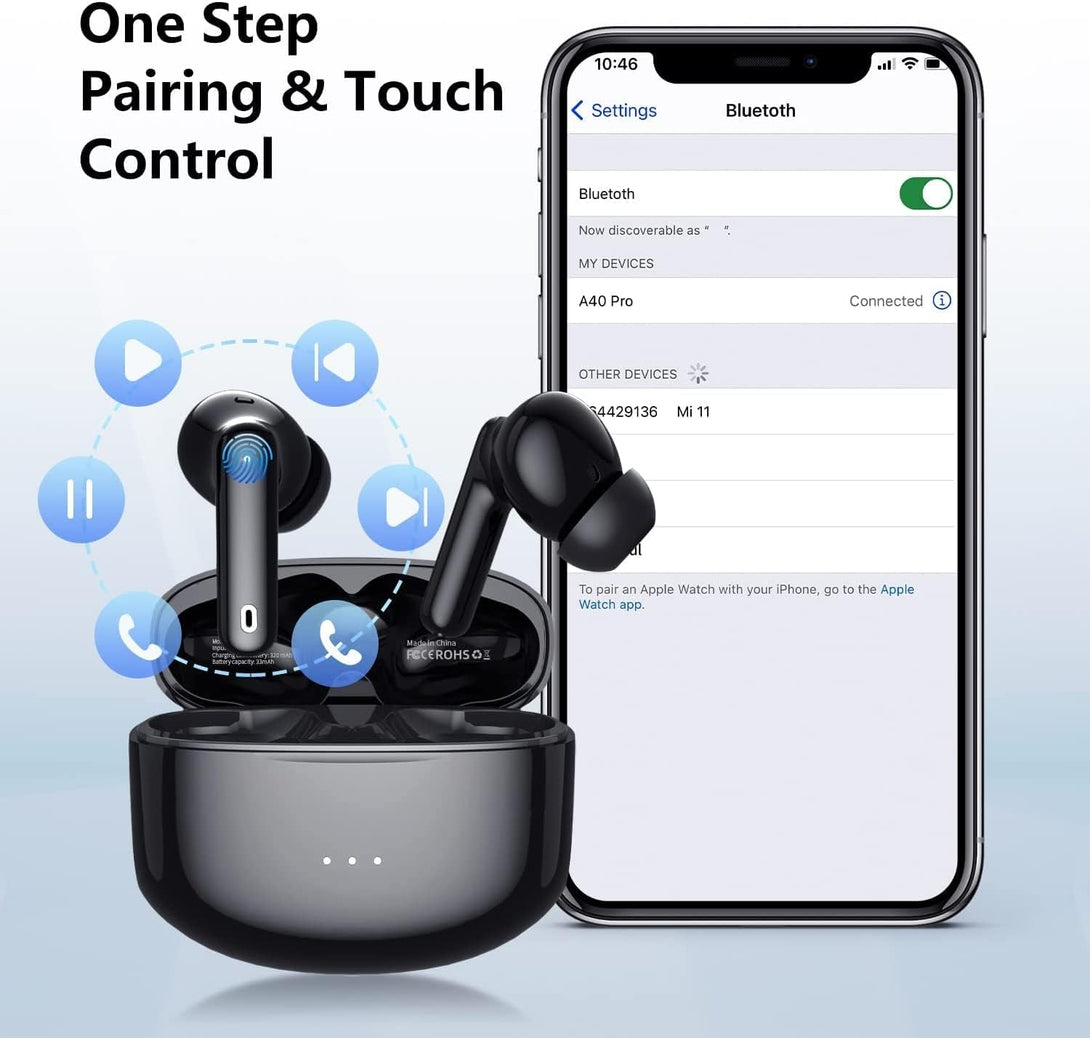 A40 Pro Wireless Earbuds, 50Hrs Playtime Bluetooth Earbuds Built in Noise Cancellation Mic with Charging Case, Headphones Stereo Sound, IPX7 Waterproof Ear Buds for Iphone and Android