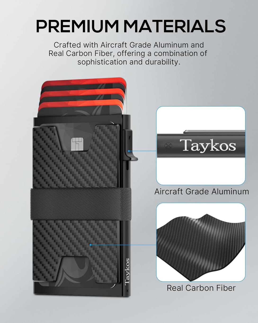 Mens Wallet Card Holder - Metal Pop up Card Case, Real Carbon Fiber, Smart, Minimalist, RFID Blocking, Slim, Thin, Front Pocket - Holds up to 12 Cards and 10 Bills