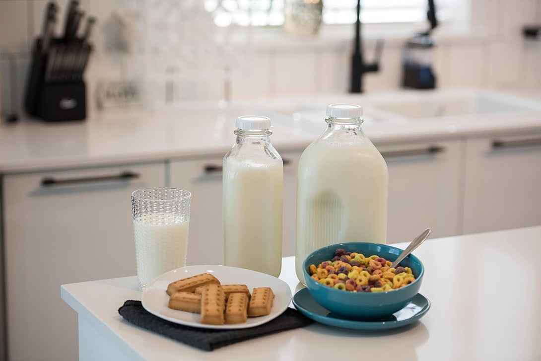 6 Glass Replacement Caps with Tampered Evident Seal, 48Mm Diameter Lids for Stanpac & Libbey Milk Bottles - Reusable, Long-Lasting, Easy to Clean (White)