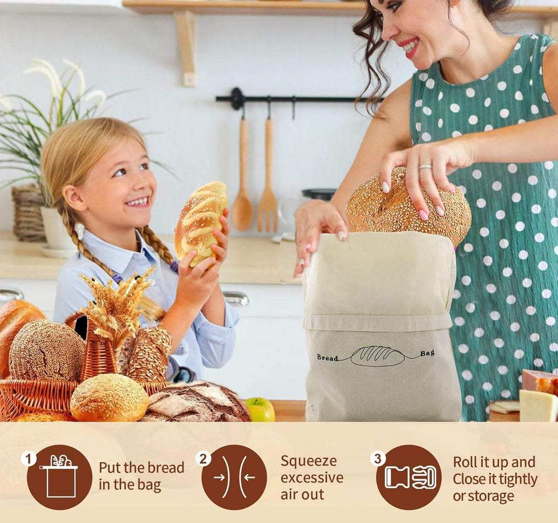 Bread Bags for Homemade Bread 2 Pack, XL Reusable Linen Food Storage Bags with Beeswax Wraps, Freezer Safe, Baking Supplies for Sourdough with Cleaning Brushes, Keep Your Loaf Fresh Eco-Friendly