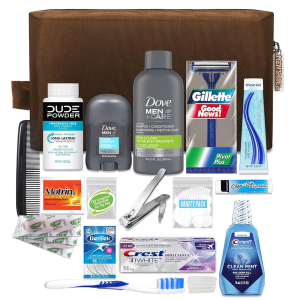 Convenience Kits International Men’S Premium 20-Piece Kit with Travel Size TSA Compliant Essentials, Featuring: Dove Men & Care Products in Brown Dopp Bag