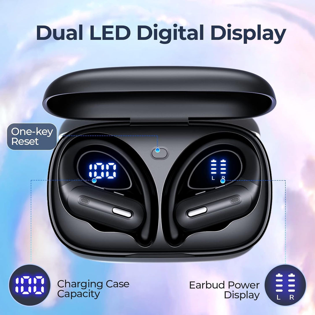 Wireless Earbuds Bluetooth 5.3 Headphones 90 Hrs Playtime Earbuds with Wireless Charging Case Power Display Over-Ear Earphones with Earhooks Waterproof Stereo Headset for Android Phone Workout Black