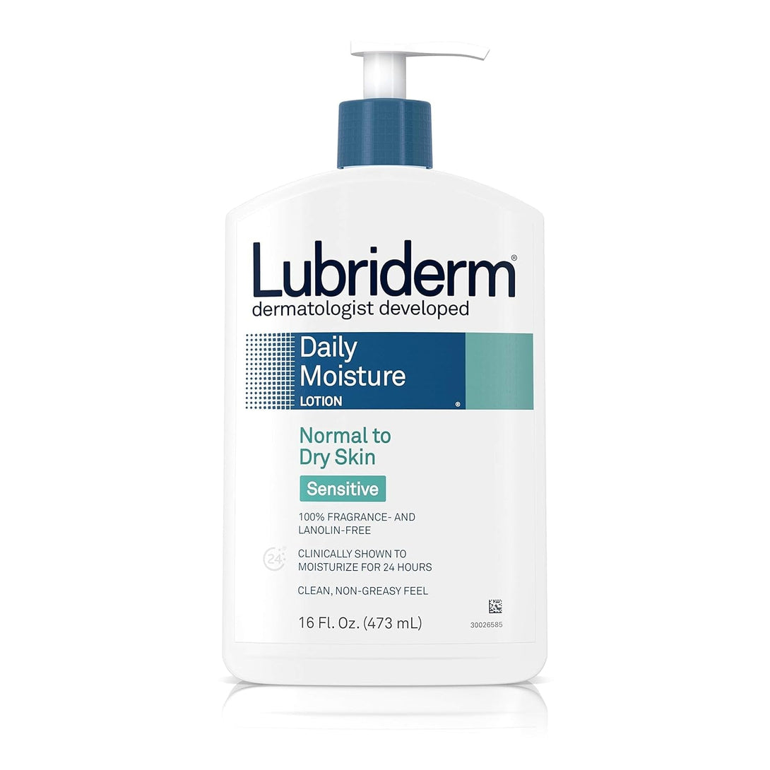 Lubriderm Daily Moisture Body Lotion for Sensitive, Dry Skin, Enriched with Vitamin B5, Dye and Lanolin Free, Unscented and Non-Greasy, 16 Fl. Oz