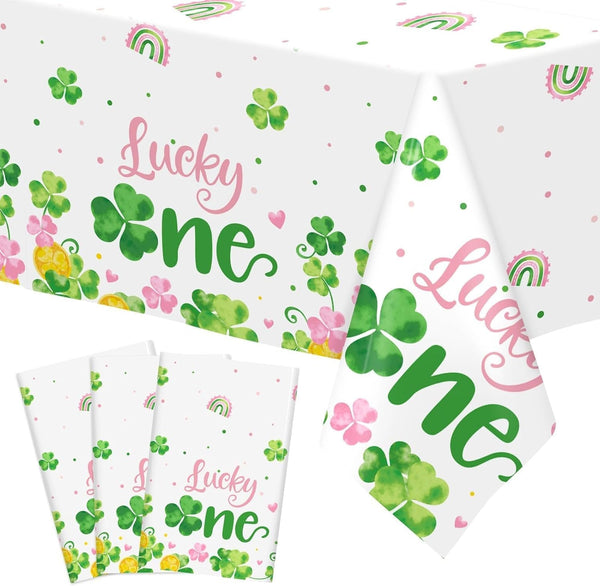 St. Patrick'S Day Table Cover Waterproof Shamrock Lucky One Girl'S Party Tablecloths March First Birthday Party Decorations 1St Birthday Decor Irish Party Supplies Plastic Table Runners Set of 3