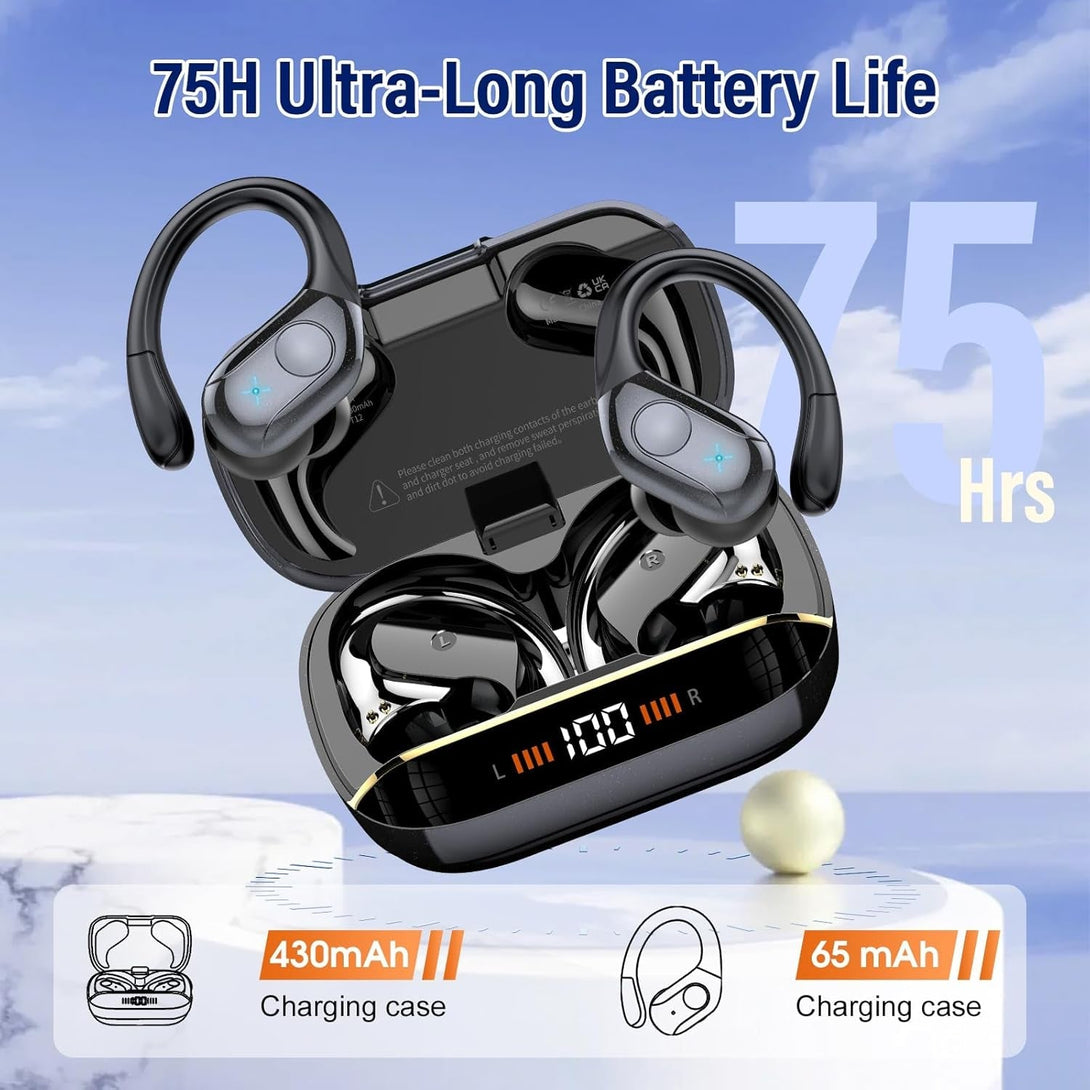 Wireless Earbuds Bluetooth 5.4 Headphones Sports, 75H Stereo Deep Bass over Ear Buds with Earhooks, Bluetooth Earbuds with 4 ENC Mic, LED Display, IP7 Waterproof Earphone for Running, Black