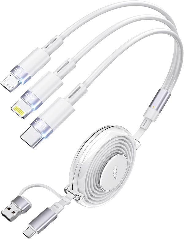 100W 5-In-1 Retractable Charging Cable, Tpye C/Lightning/Micro USB Multi Charger Cord for Iphones, Ipads, Macbook, Tablets, Galaxy, Note & More - 4Ft/1.2M 5A Fast Charging, Durable & Portable, White