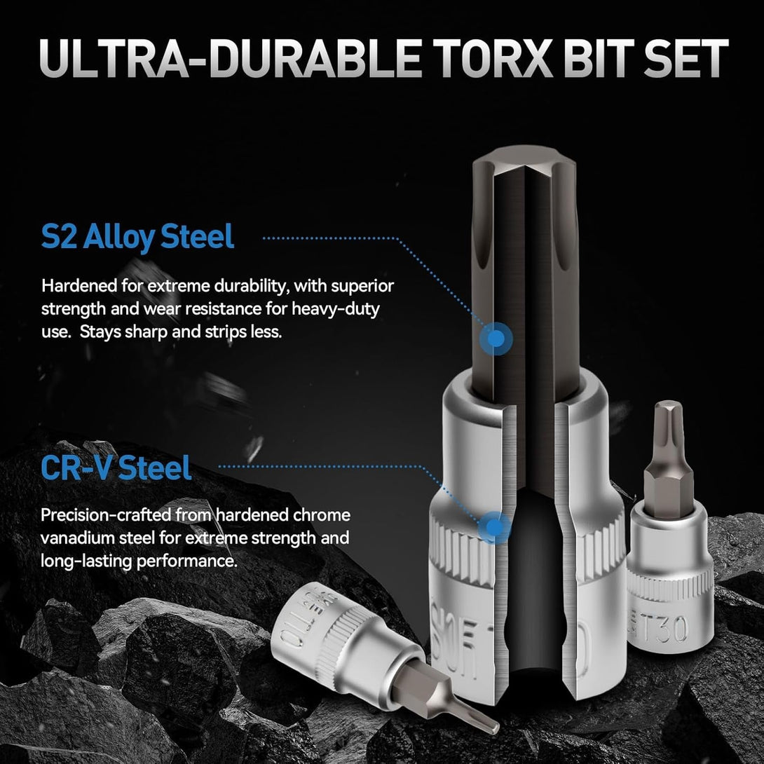 34-Piece 3/8'' Drive Torx Star Bit Sockets CR-V E-Socket Set, E4-20, T10-60, Tamper Proof Set TT10-TT55, 5/16"F to 3/8"M Adapter with Storage Case,S2 Steel, Ideal for Car,Trucks,Home Improvement