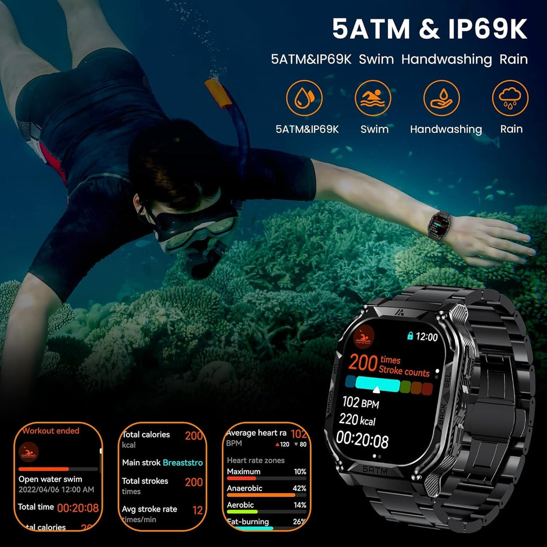 AMAZTIM GPS Smart Watch for Men, 6 Satellite Positioning, Compass, Stainless Steel Body, 50M Waterproof, 480Mah Extra-Large Battery, Answer/Make Call, 1.96" AMOLED Screen, Compatible for Android Ios
