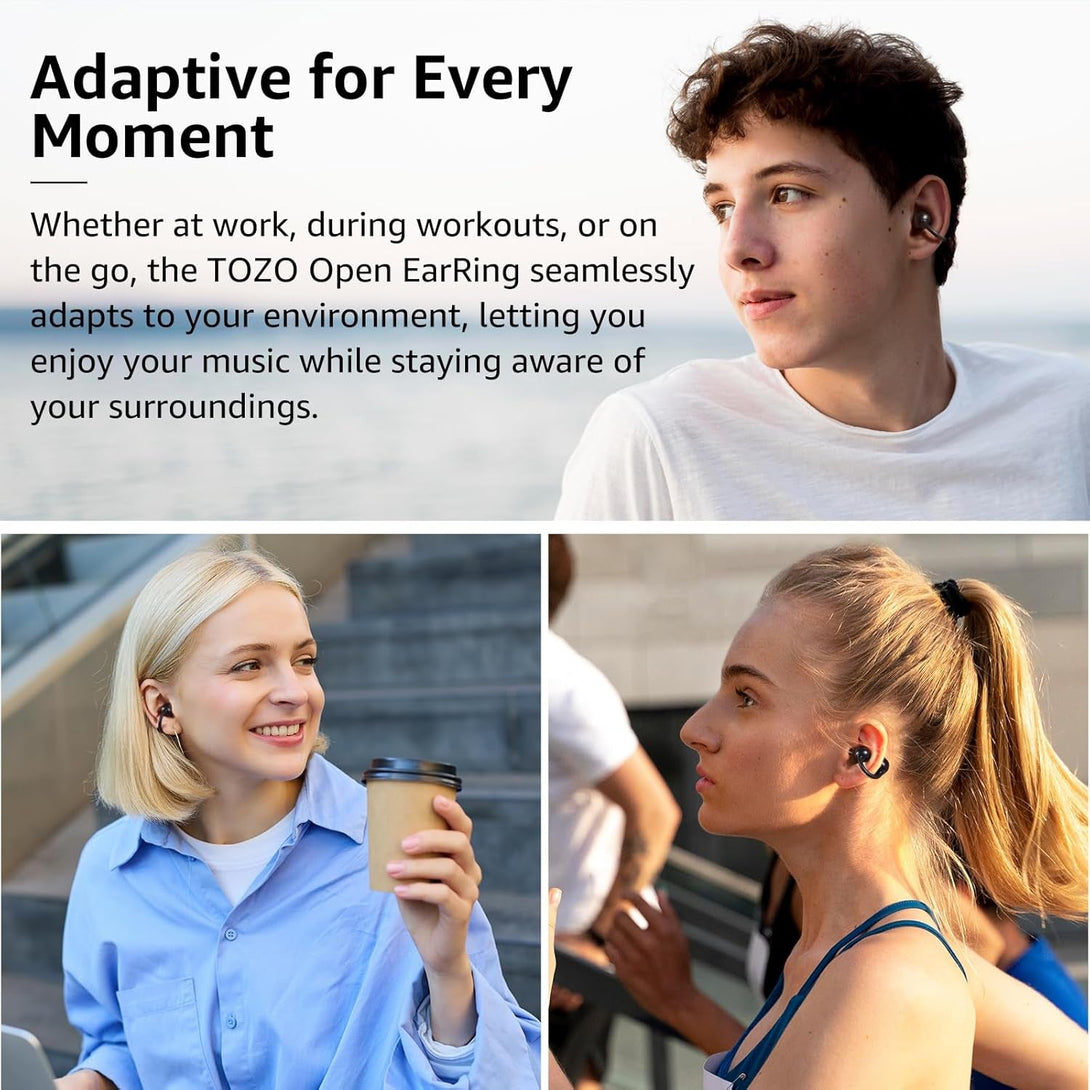 TOZO Openearring True Open Ear Headphones, Lightweight Comfort Open Ear Clip Wireless Earbuds, 40H Play Bluetooth 5.4 Headphones with Smart Digital Display Design Fit Sports Running, Workout Black