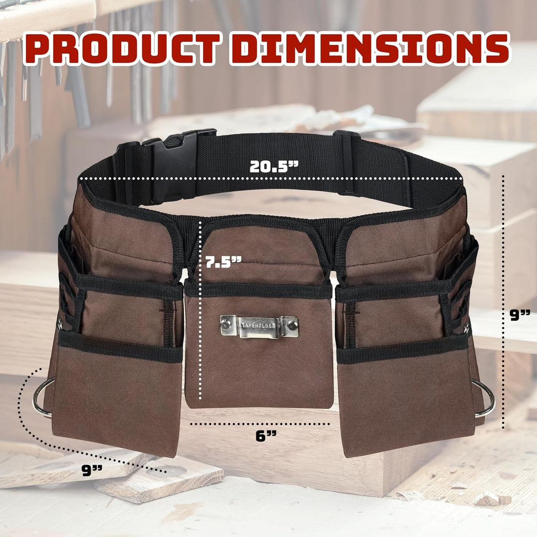 19 Pocket Brown and Black Heavy Duty Construction Tool Belt, Work Apron, Tool Pouch, with Poly Web Belt Quick Release Buckle - Adjusts from 33” Inches All the Way to 50” Inches