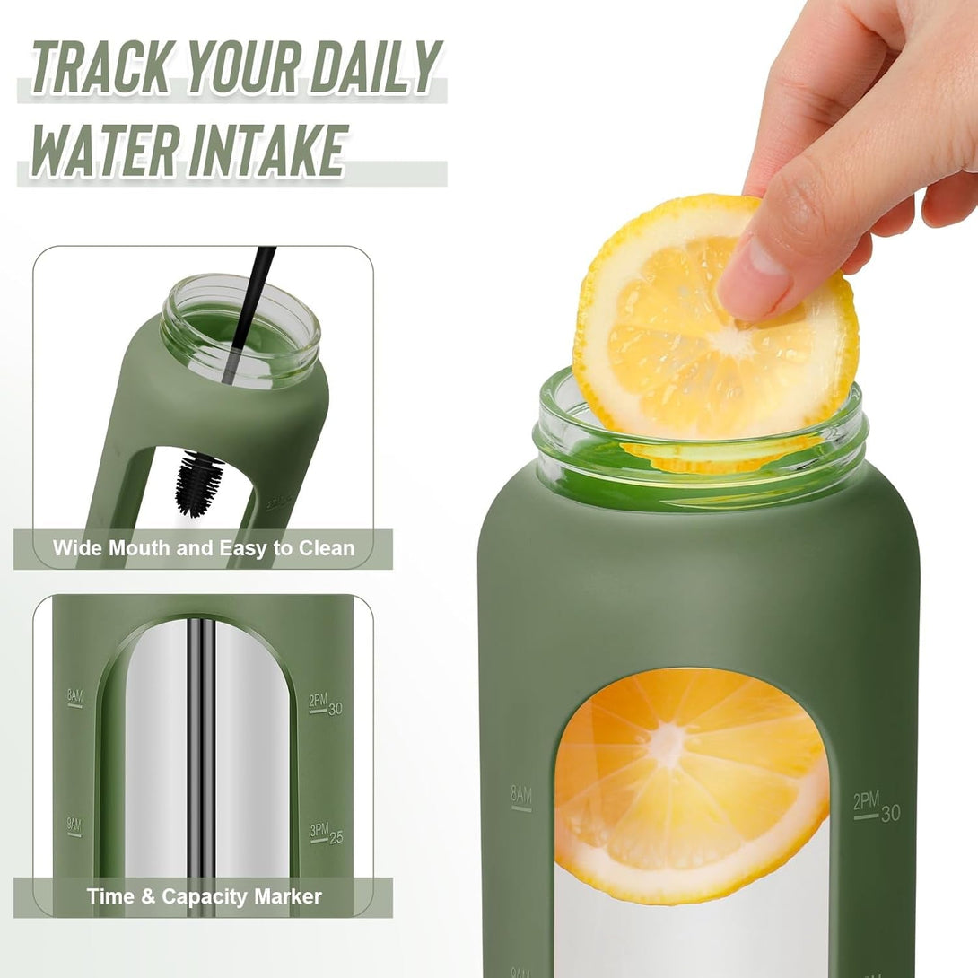 32 Oz Glass Water Bottles - 1 Liter Motivational Tumbler with Time Marker - Borosilicate Glass with Silicone Sleeve and 2 Lids, Handle Spout & Bamboo Straw Lid