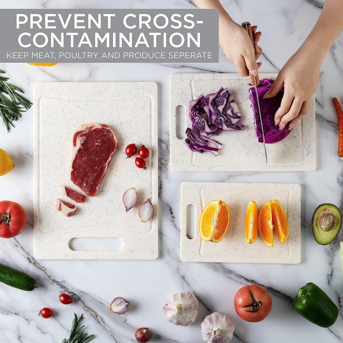 COOK with COLOR Non-Slip Cutting Board Set – Kitchen Essentials with Easy Grip Handle for Meat, Veggies, and Fruits, 3 Cutting Boards, Speckled White