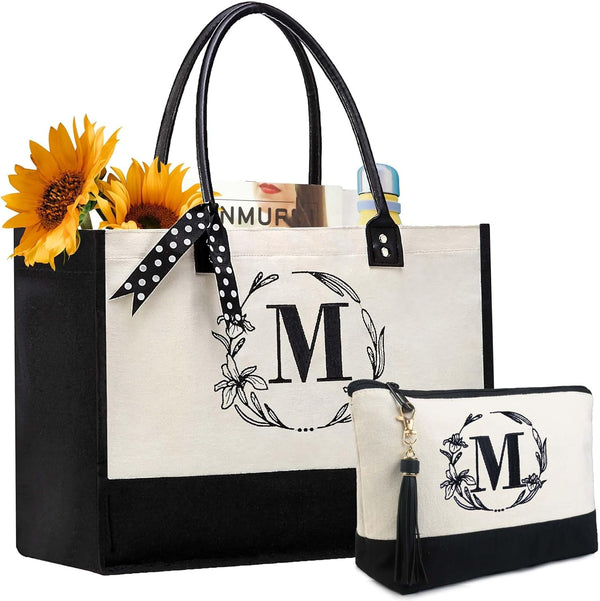 Beegreen Mother'S Day Gifts Personalized Women'S Large White and Black Canvas Tote Bag, Embroidered Initials, Leather Handle, Zipper Closure