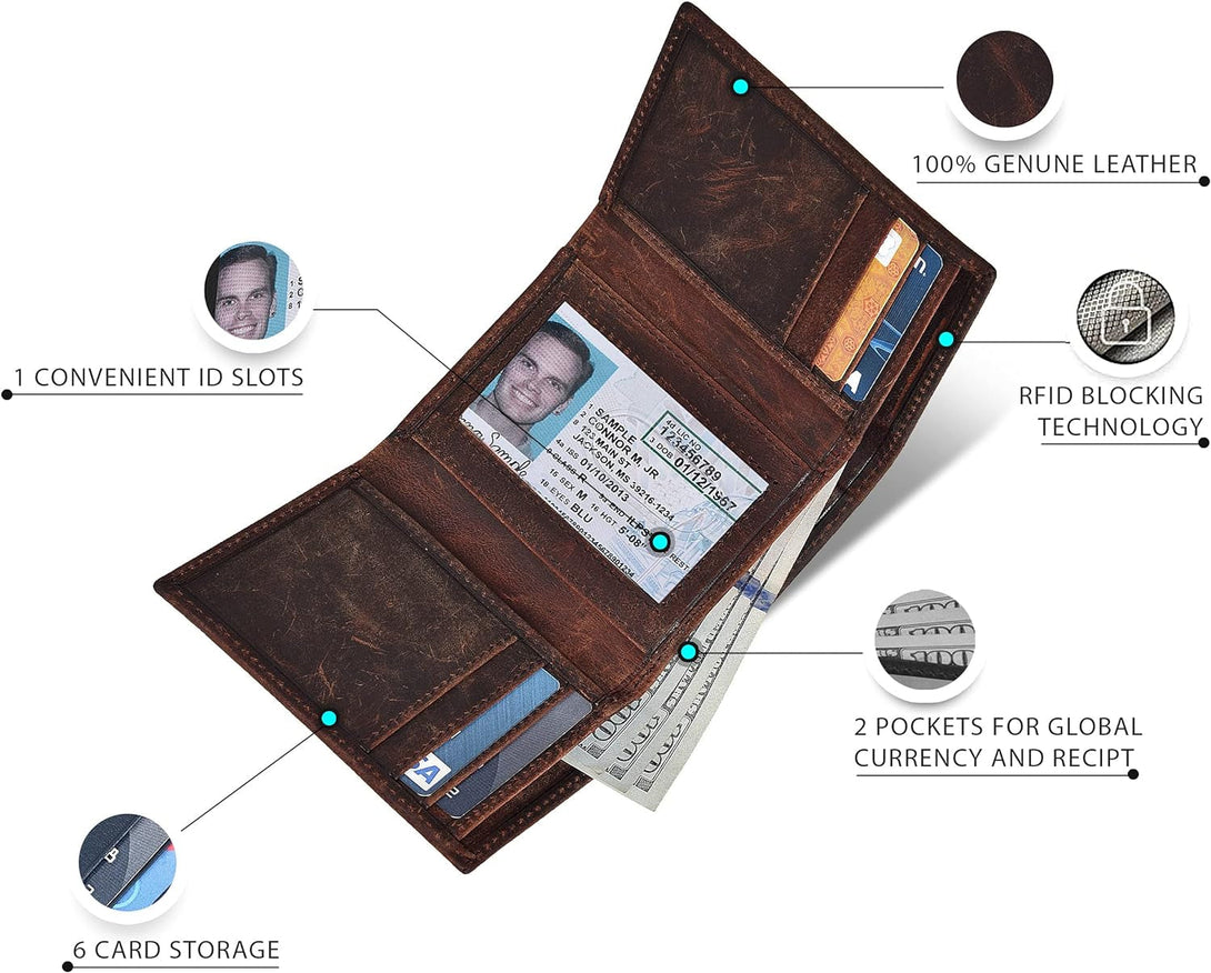 Real Leather Trifold Wallet for Men - RFID Wallets Slim 9 Credit Card Holder 2 ID Compartment Gift for Men