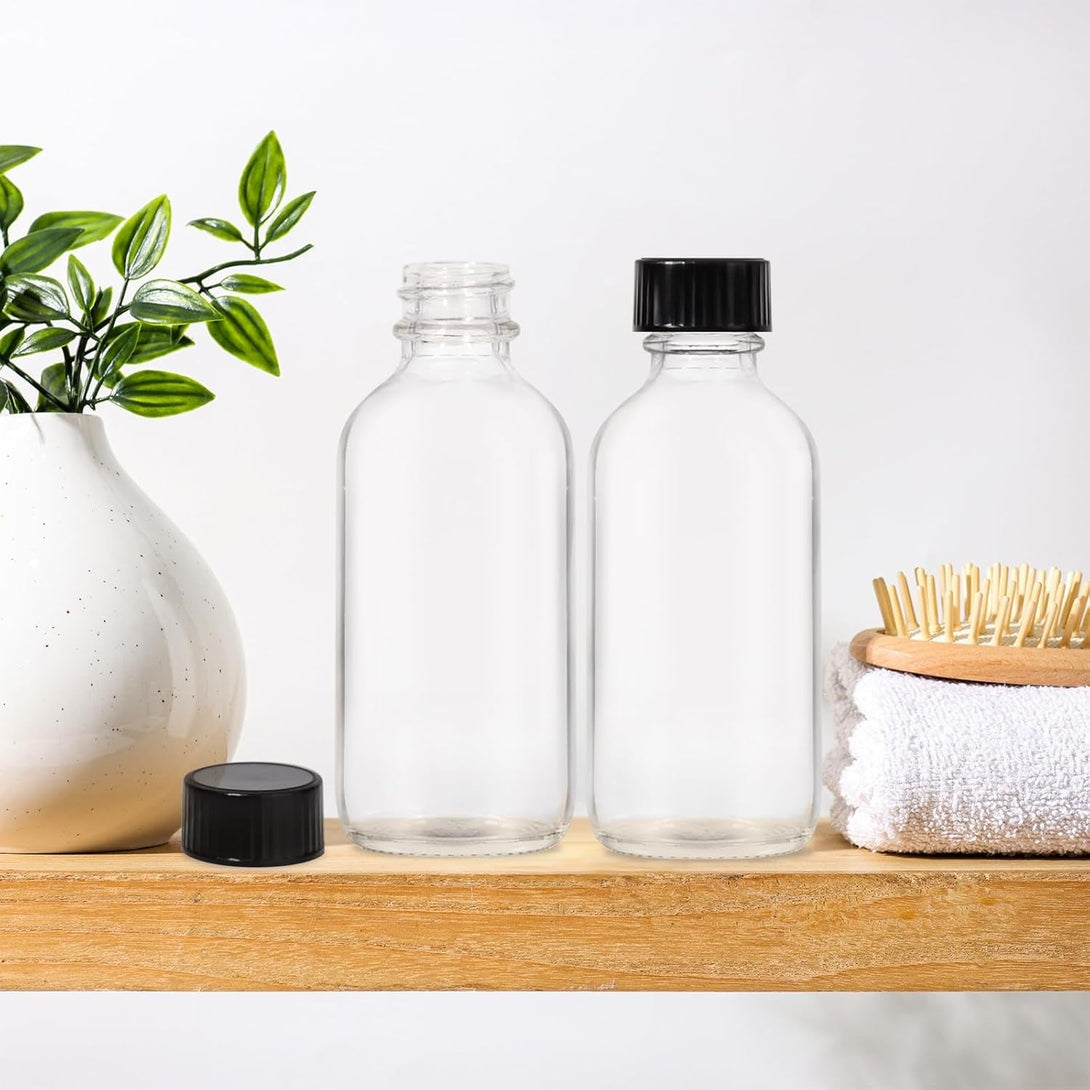 8 Pack, 2 Oz Small Clear Glass Bottles with Lid and Funnels - 60Ml Boston Shot Bottles with Caps, Immunity, Potion, Wellness, Sample, Ginger, Juice - Mini Personal Care & Beauty Travel Bottle