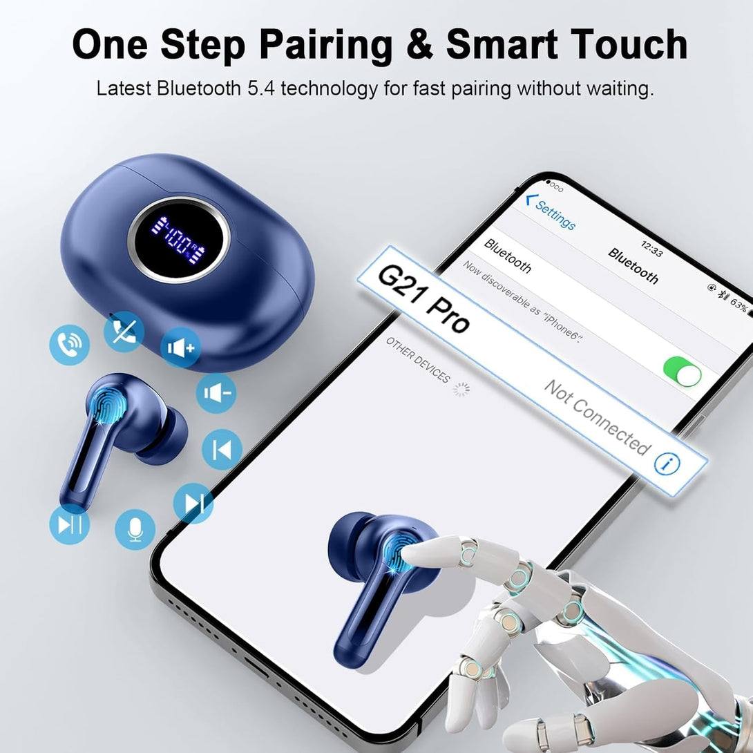 Wireless Earbuds Bluetooth 5.4 Headphones, 2025 Hi-Fi Stereo Bass Ear Buds, 4 ENC Noise Cancelling Mic 36Hrs USB-C In-Ear Earphones IP7 Waterproof Sport Workout for Laptop Pad Android Ios Phone, Blue