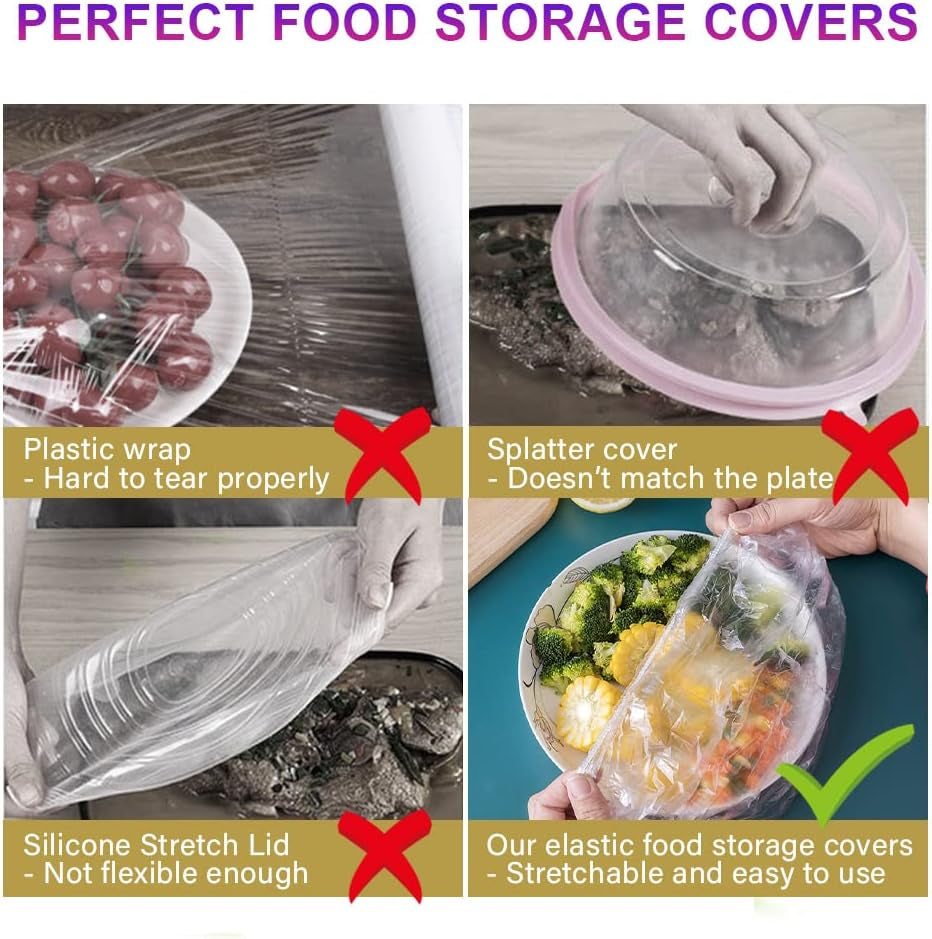 200PCS Bowl Covers Bread Proofing with Storage Bags, Fits Bowls up to 12", Plastic Wrap for Food Plastic Bowl Covers Elastic Reusable Plate Covers for Family Outdoor Picnic, BPA Free, Food Grade