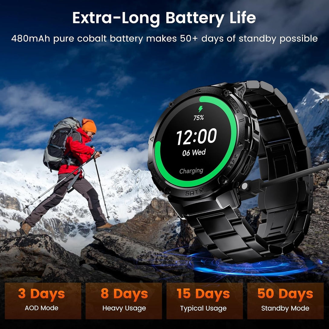 Smart Watches for Men GPS, Pressure,Altitude,Compass, 480Mah Extra-Large Battery, 50M Waterproof, Full Metal Body Rugged Smartwatch, Answer/Make Call,1.43" AMOLED Display(2 Bands)