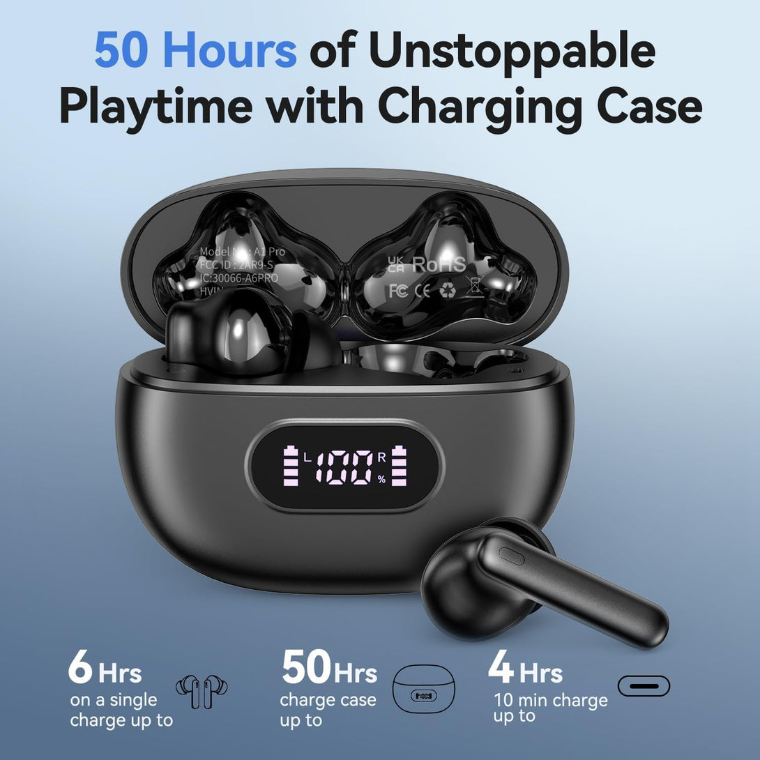 Wireless Earbuds Bluetooth 5.4 Headphones Deep Bass and Noise Cancellation, 50 Hrs Playtime Bluetooth Ear Buds Led Display Wireless Headphones, IPX7 Waterproof Earphones for Android Ios Glossy Black