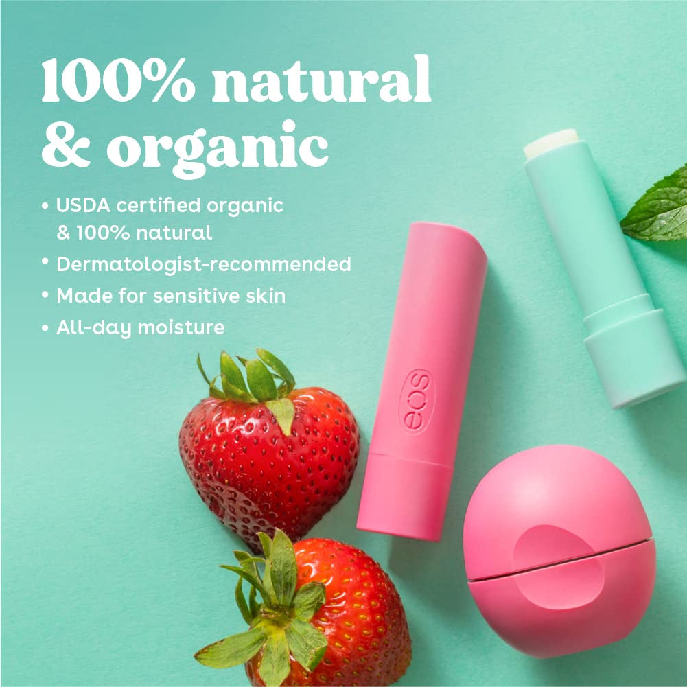 Eos 100% Natural & Organic Lip Balm- Strawberry Sorbet, All-Day Moisture, Dermatologist Recommended for Sensitive Skin, Lip Care Products, 0.25 Oz