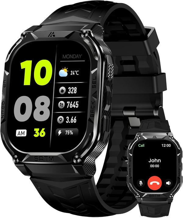 M3E GPS Smart Watch for Men, 5ATM Waterproof, Long Battery Life, Compass, Altitude, Air Pressure, Bluetooth Answer/Make Call, 1.96 Inch AMOLED Always-On Display (Black)