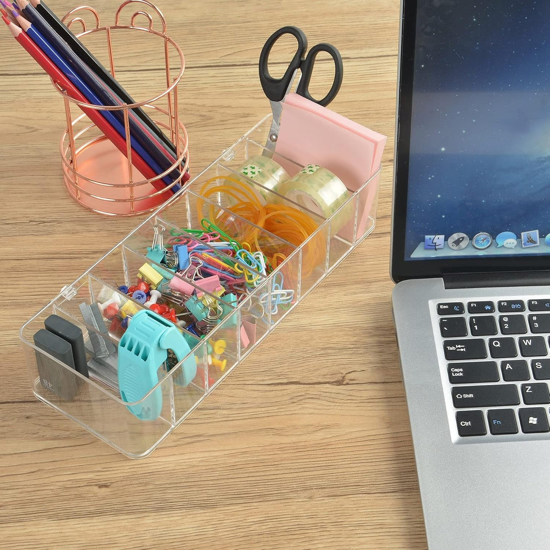 Electronics Organizer 7 Sections Clear Acrylic Cable Storage Bin Box Cord Holder with 20 PCS Reusable Fastening Fabric Cable Ties Straps Cord Wraps (7 Sections/With Cover)