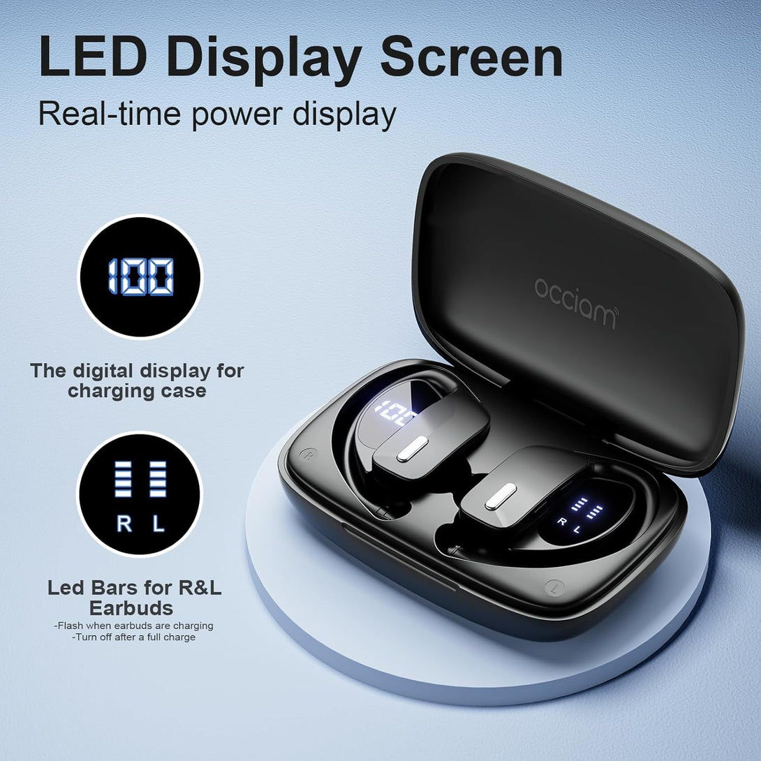 Occiam Wireless Earbuds Bluetooth Headphones 48H Play Back Earphones in Ear Waterproof with Microphone LED Display for Sports Running Workout Black