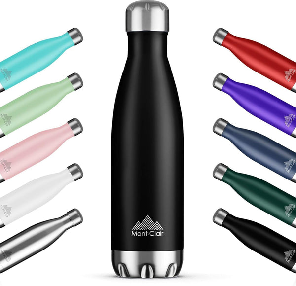 H2O Stainless Steel Water Bottle, Vacuum Insulated - BPA Free, 12H Hot & 24H Cold Drinks Bottle, Metal, 17 Oz Leakproof, Ideal for Adult, Kids, Running - Black