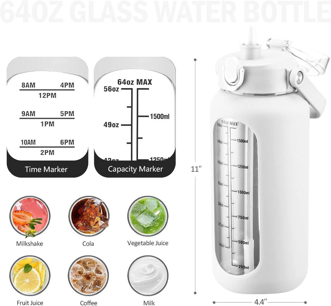 64 Oz Glass Water Bottle with Straw and 2 Lids, Half Gallon Water Bottle with Sleeve, Large Insulated 2 Liter Glass Water Jug Time Marker with Handle