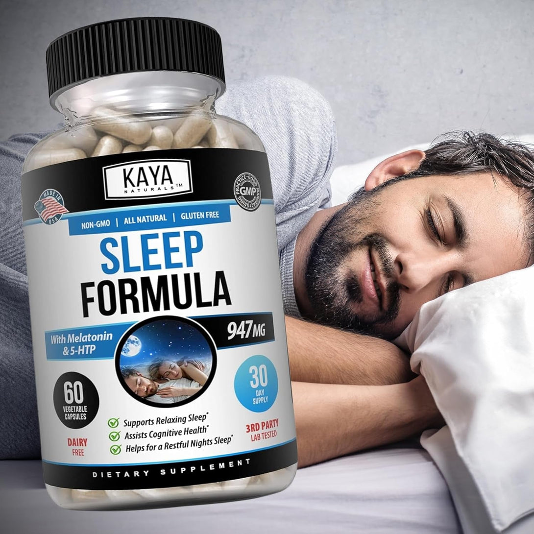 Kaya Naturals - Sleep Support Formula with Melatonin - Aid Support Vitamin Supplement - Sleep Stress and Mood Support - L-Tryptophan, Passion Flower, Ashwagandha and More - 60 Capsules (60 Count)