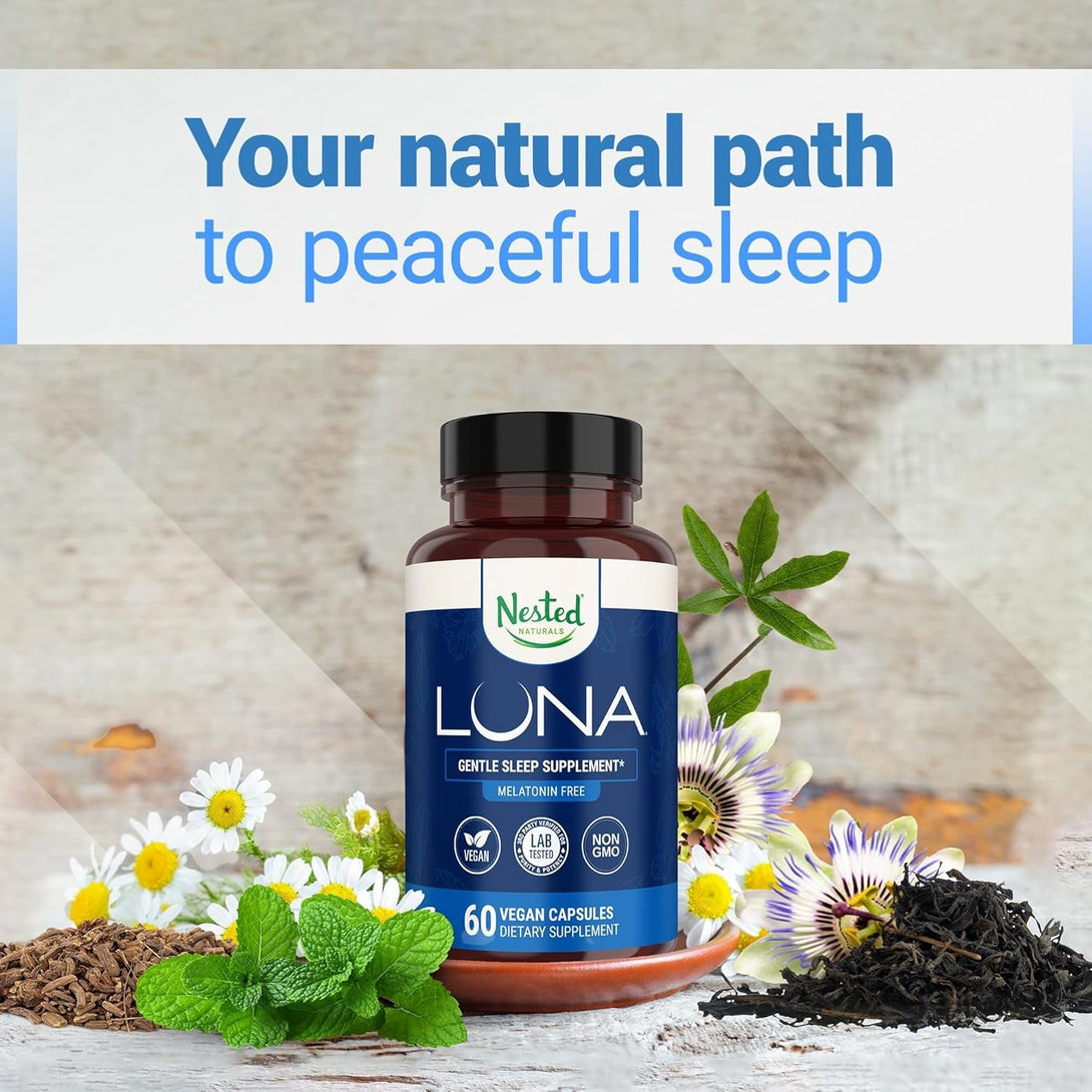 Nested Naturals Luna Sleep Supplement, Melatonin Free, Non-Habit Forming Herbal Sleep Supplement, Adult Bedtime Support, Help Sleeping W/Chamomile, Valerian, L-Theanine, 60 Vegan Capsules