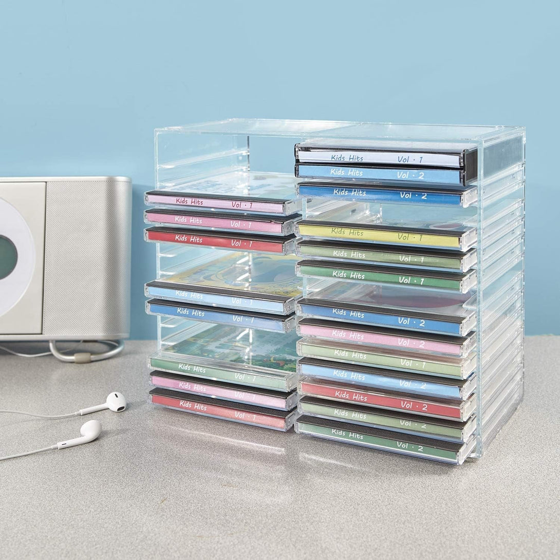 Stori Stackable Clear Plastic CD Organizer with Rubber Feet | Rectangular Jewel Cases Holder Perfect for Theatre Room | Holds up to 30 CD Cases | Made in USA