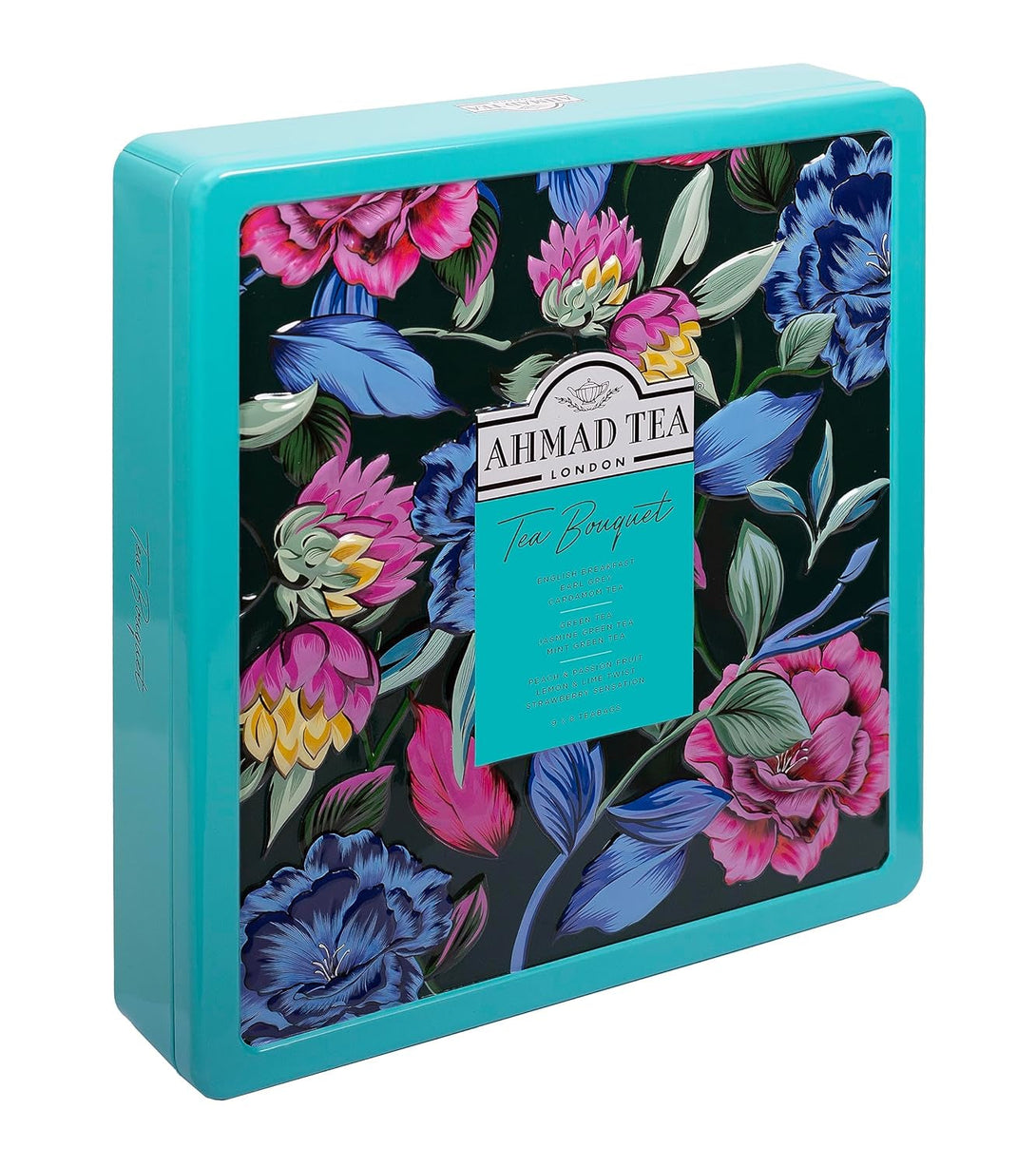 Ahmad Tea Floral Tea Tin Gift, Blue Caddy, 72 Tea Bags, Our Most Popular Black and Green Tea Assortment