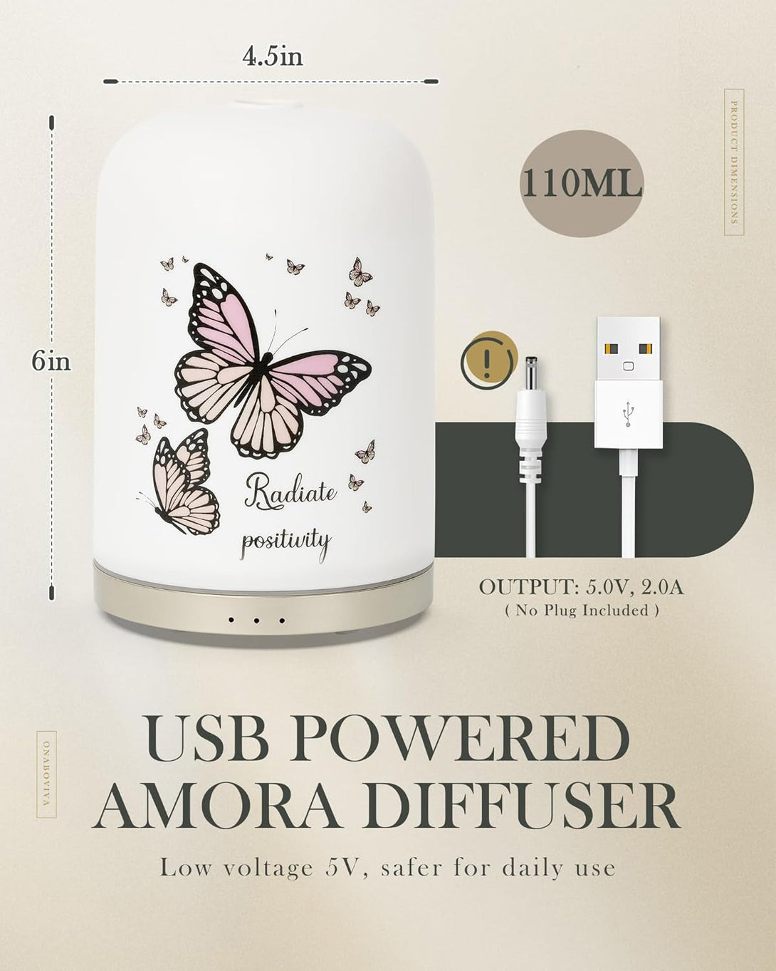 110ML Essential Oil Diffuser, Ceramic Diffusers for Essential Oils Large Room, Fragrance Aroma Diffuser with USB Cable, Warm Night Light and Auto-Off for Home Office Yoga Pilates,Butterflies