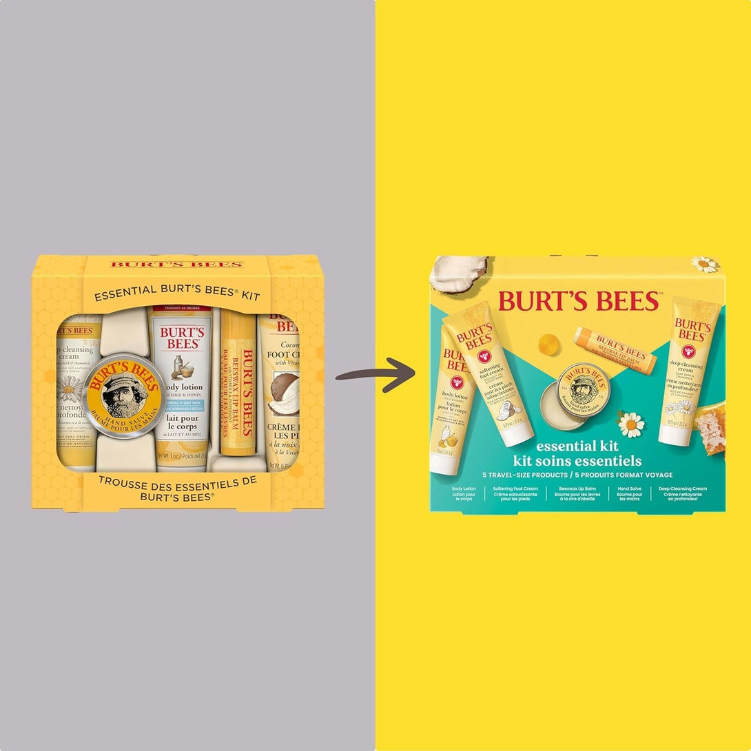 Burt'S Bees Gift Ideas - Essentials Everyday Set, 5 Travel Size Products - Deep Cleansing Cream, Hand Salve, Body Lotion, Foot Cream and Original Lip Balm
