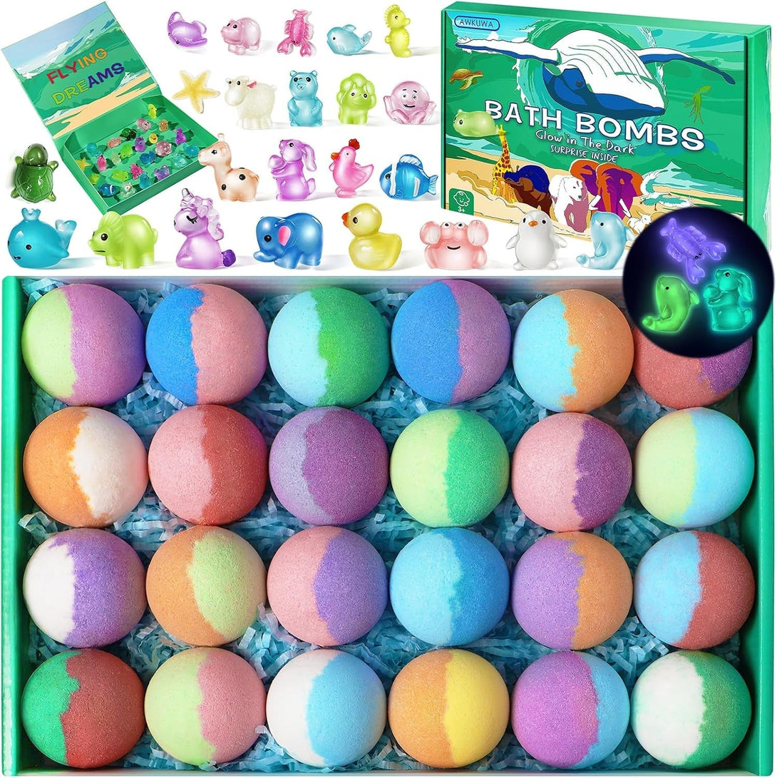 Bath Bombs for Kids with Toys inside - 24 Pack Kids Bath Bombs with Glow in the Dark Bath Surprise Toys Inside, Natural Organic Bubble Bath Fizzy for Girls Boys, Birthday Gifts for Kid